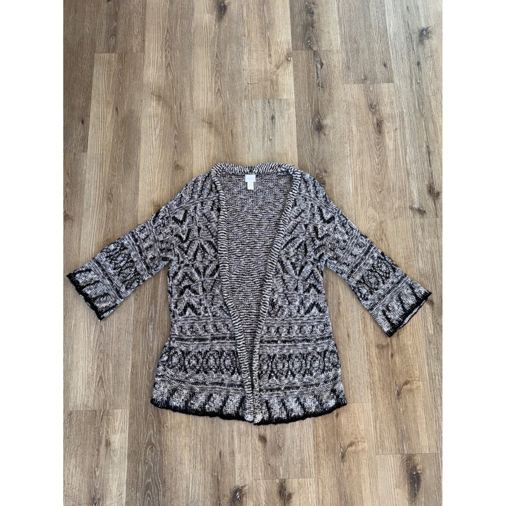 Chico's Open Front Geometric Cardigan Sweater Women 2 (L) Black‎ White Cotton